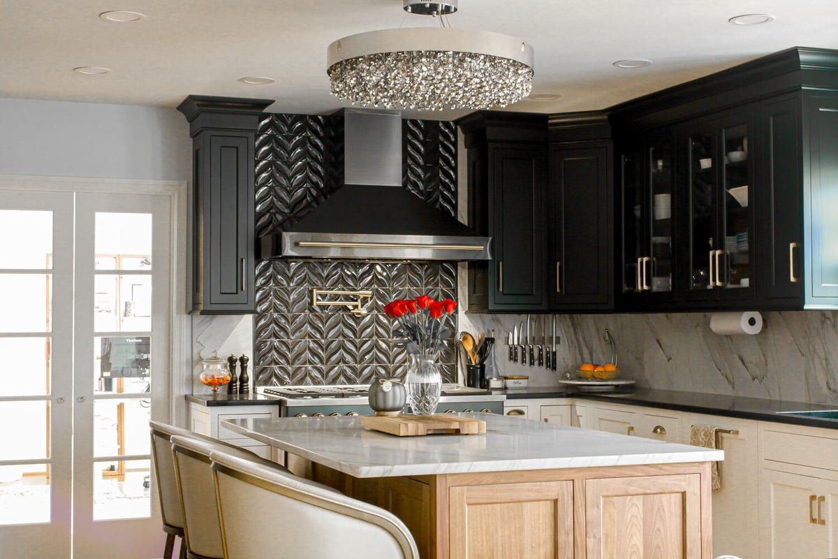 Bold kitchen remodel with dramatic tile backsplash and luxury finishes in Indian Hills, KY
