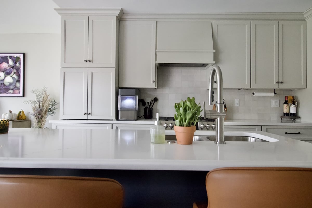 Custom kitchen island with potted plant and backsplash cabinetry in Green Spring, KY by Trade Works Remodeling