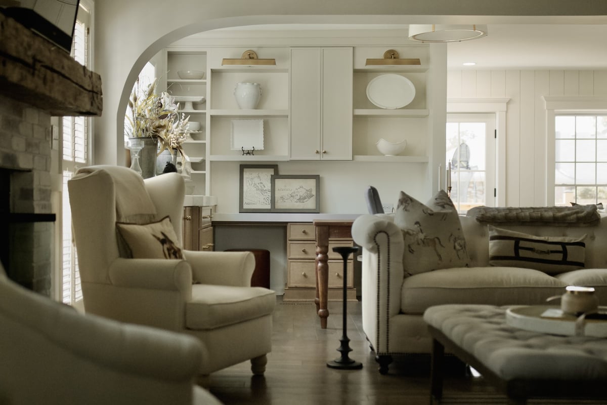 Cozy living room remodel with built-in shelving by Trade Works Remodeling in Owl Creek, KY