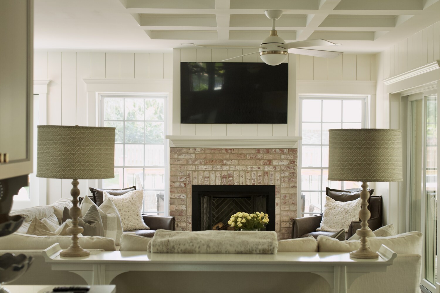 Custom living room remodel with brick fireplace by Trade Works Remodeling in Blue Ridge Manor, KY