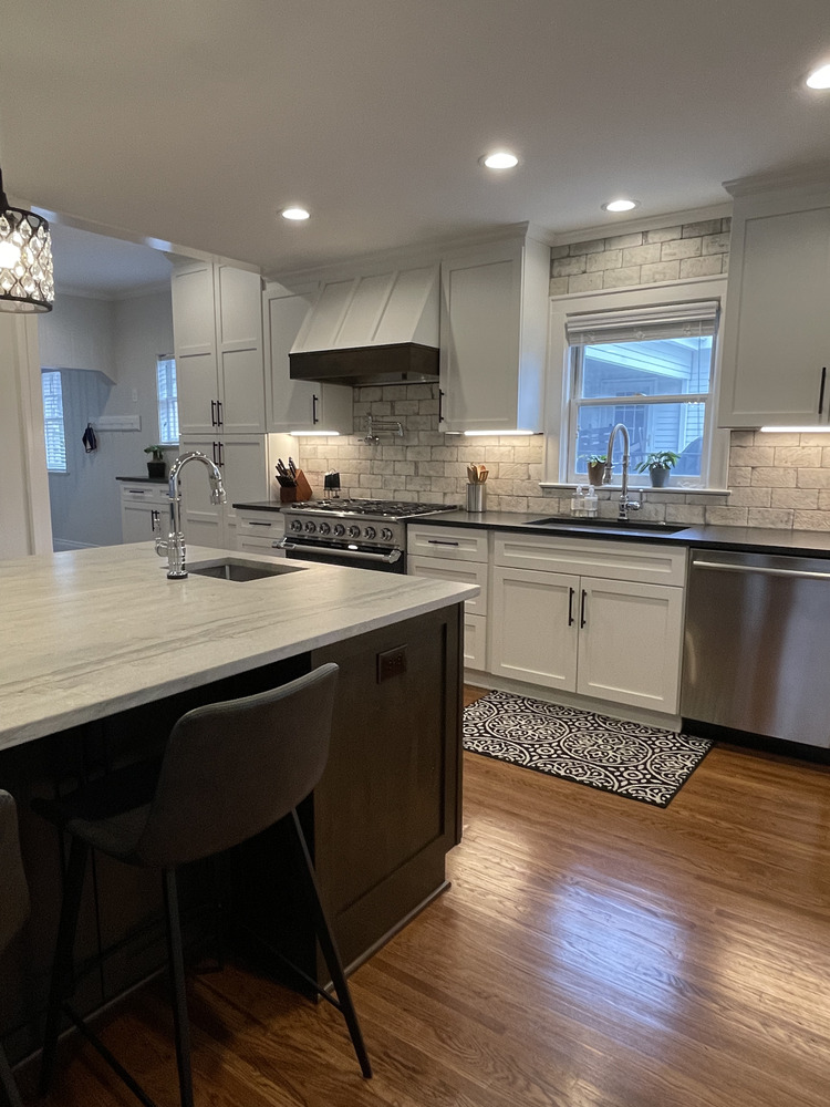 Full view of custom kitchen renovation by Trade Works Remodeling in Louisville, KY with island seating