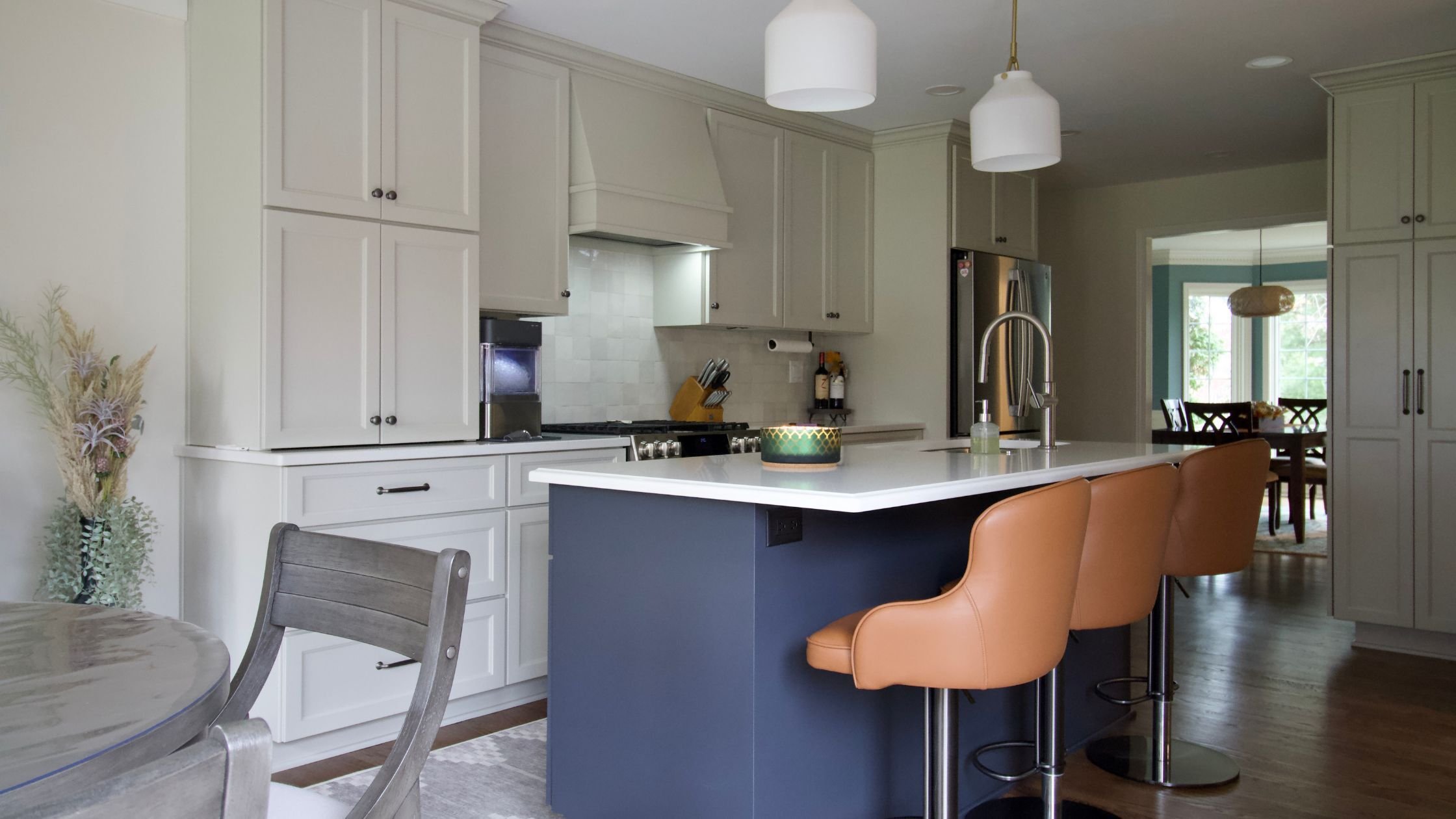 statement blue island in a white kitchen remodel in louisville, ky